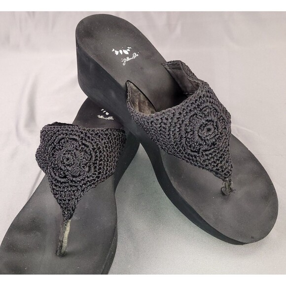 Yellow Box Flip Flops Crochet Woven Boho High Wedge Platform Sandals Black 11 - Picture 1 of 9
